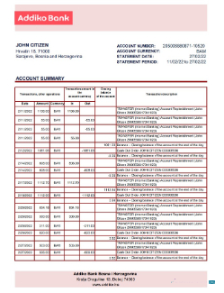 Download Bosnia and Herzegovina Addiko Bank statement excel Photoshop template